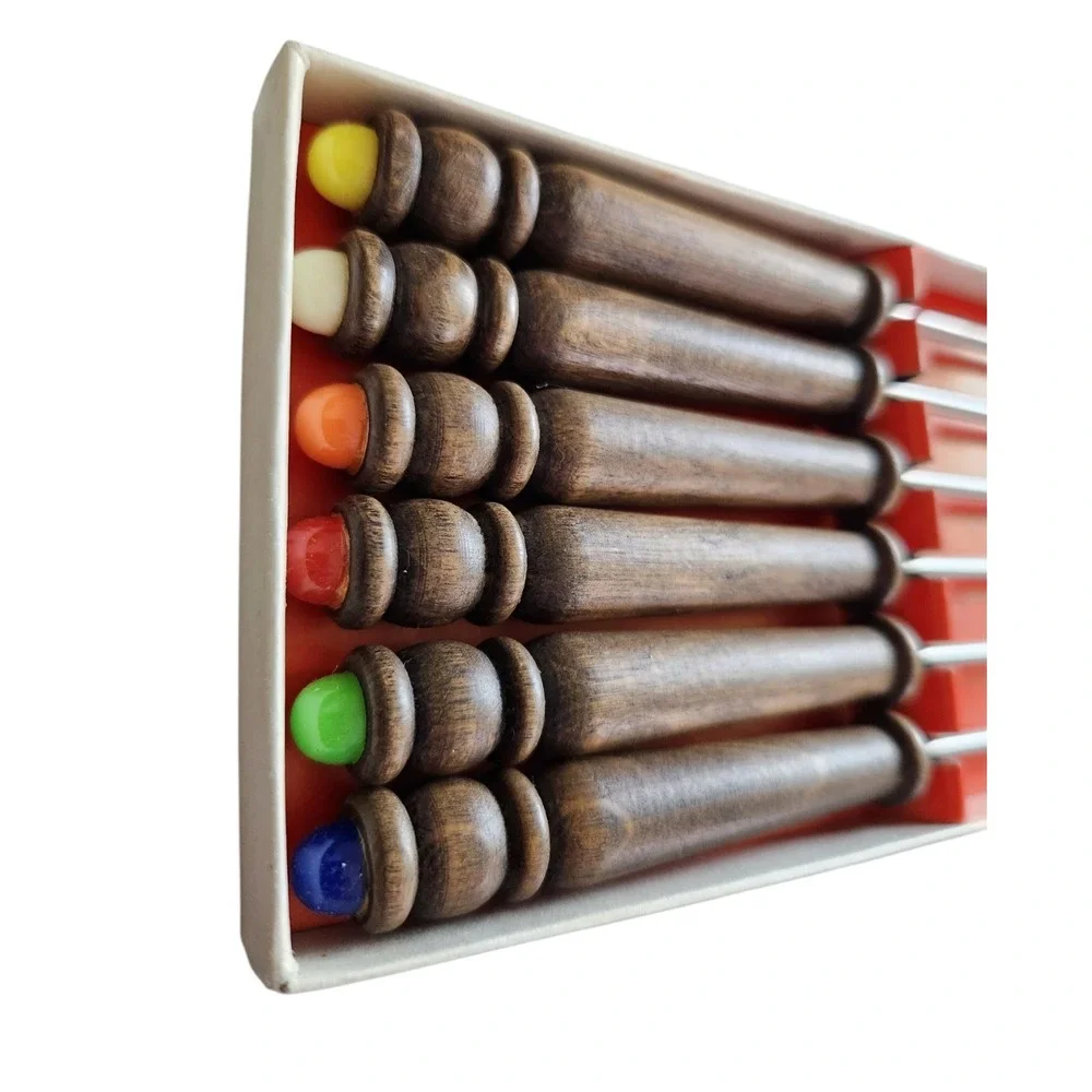 Vintage Set of 6 Fondue Forks Japan Stainless Steel Teak Wood MCM Colored‎ Tips